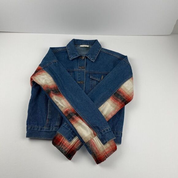 BKE Jacket‎ Women Sz XS Relaxed Jean and plaid flannel Boho Trucker outdoor Blue - Picture 3 of 15